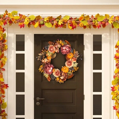 Safavieh Faux 28 Inch Peony & Pumpkin Wreath W/ Pine Cones