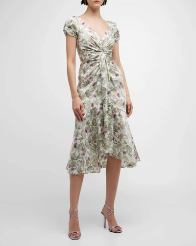 Cinq À Sept Walker Twisted Floral Twill Midi Dress In White