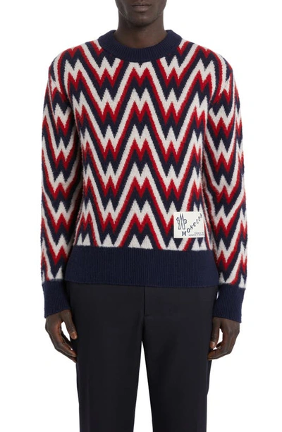 Moncler Long Sleeve Crewneck Patterned Sweater In Red/blue