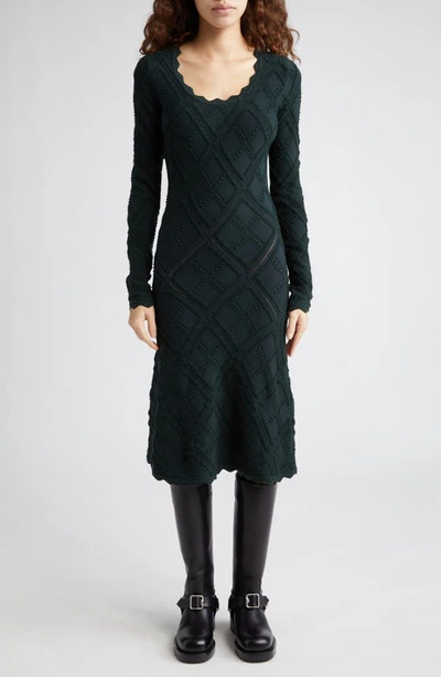 BURBERRY CHECK SCOOP NECK LONG SLEEVE WOOL BLEND SWEATER DRESS