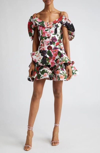 Oscar De La Renta Ruffled Hollyhocks Cotton-poplin Mini Dress In Floral