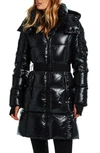 SAM NOHO GLOSSY BELTED DOWN PUFFER COAT WITH REMOVABLE HOOD