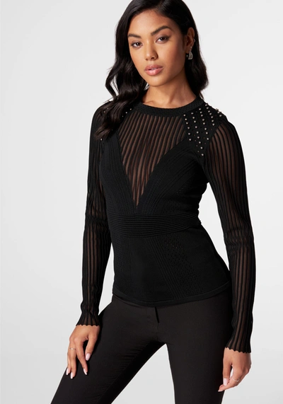 Bebe Stripe Illusion Stud Detail Sweater In Black