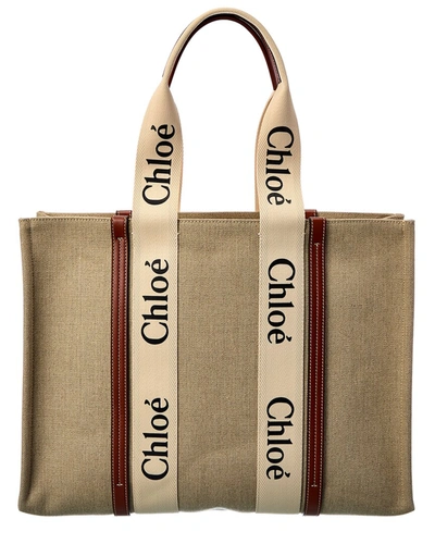 Chloé Woody Large Canvas & Leather Tote In Beige