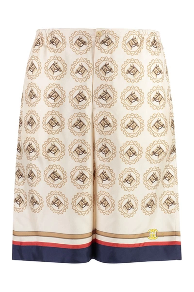 Gucci Equestrian Print Silk Twill Shorts In Ivory And Gold