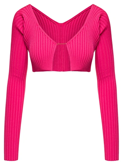 Jacquemus 'pralù' Pink Ribbed Cropped Cardigan In Viscose Woman In Fuxia