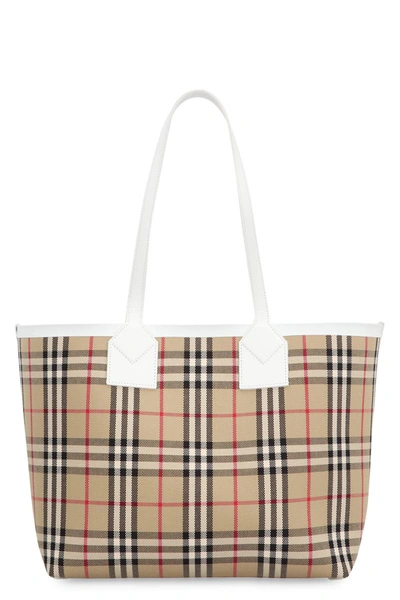 Burberry Large London Leather Tote Bag In Vintage Check,white