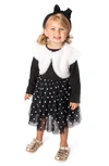 POPATU KIDS' KNIT & TULLE DRESS WITH FAUX FUR BOLERO