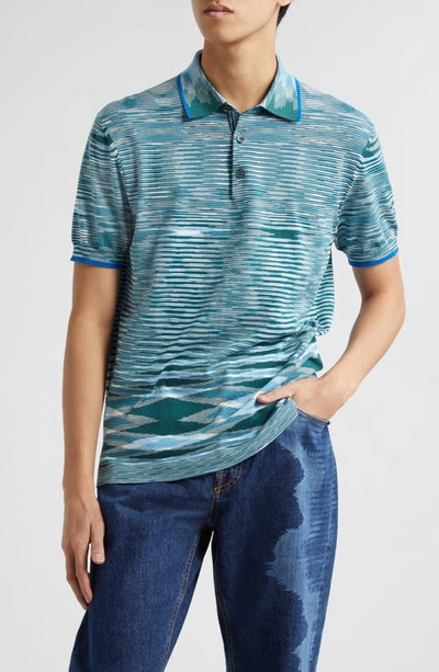 Missoni Striped Cotton Polo Shirt In 3 Col Verde/bco/blu