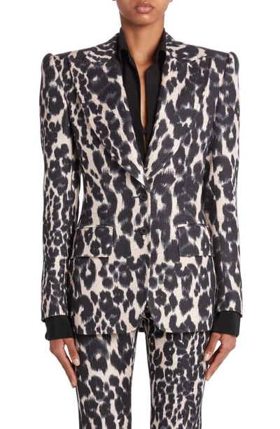 Tom Ford Leopard Print Sculpted Blazer Jacket In Black