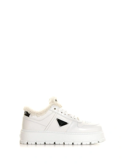 Prada Leather Shearling Platform Sneakers In Bianco