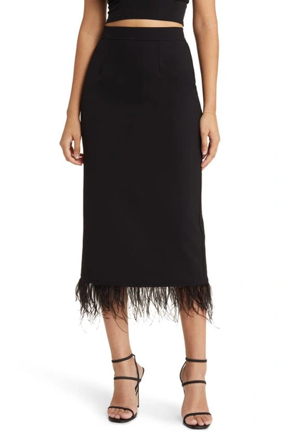 Wayf Kismit Feather Trim Midi Skirt In Black