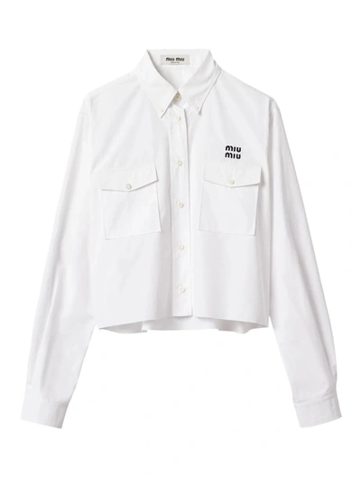 Miu Miu Logo-embroidered Cropped Poplin Shirt In White