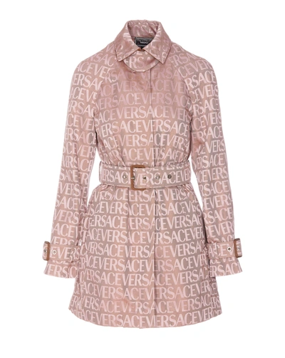 Versace Allover Logo-print Short Trench Coat In Nude & Neutrals