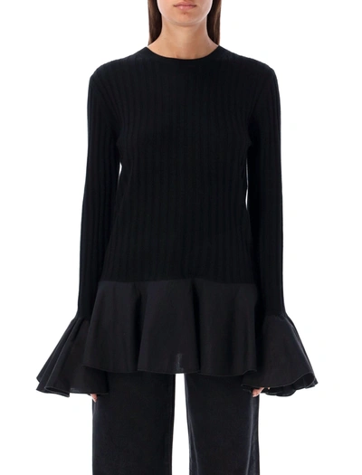 Jw Anderson Ribbed Ruffle-trim Wool-knitted Top In Black