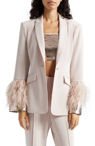 Cinq À Sept Cheyenne Embellished Sequin & Feather Crepe Blazer In Oyster