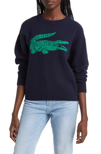 Lacoste Big Croc Cashmere & Wool Crewneck Sweater In Blue