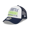 NEW ERA NEW ERA WHITE/COLLEGE NAVY SEATTLE SEAHAWKS STACKED A-FRAME TRUCKER 9FORTY ADJUSTABLE HAT