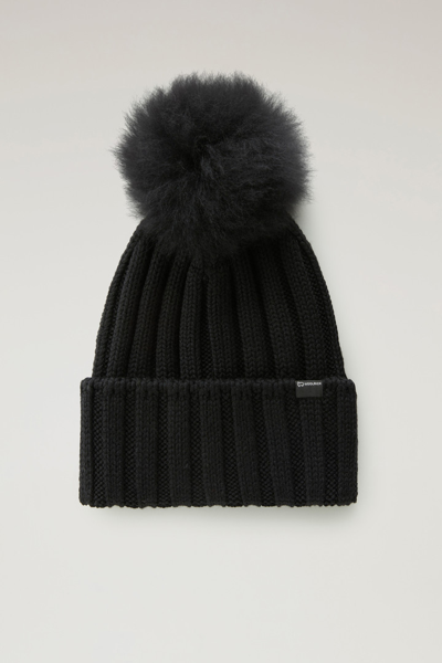 Woolrich Black Wool Beanie With Pompom