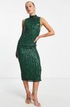 ASOS DESIGN SEQUIN STRIPE MOCK NECK COCKTAIL DRESS