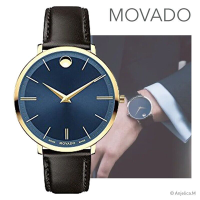 Pre-owned Movado 0607316 Museum Classic Blue Dial Brown Leather Strap Mens Watch