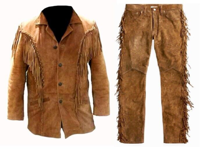 Pre-owned Handmade Mens Old Western Cowboy Brown Suede Leather Fringes Jacket & Pant Jp49