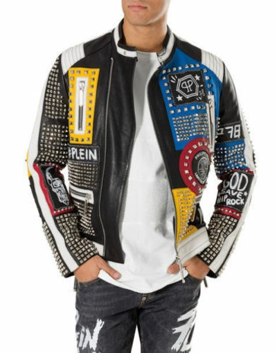 Pre-owned Brando Philipp Plein Multicolor Full Studded Embroidery Patches Mens Leather Jacket
