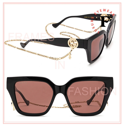 Pre-owned Gucci Aria 1023 Brown Black Gold Chain 005 Sunglasses Gg1023s Unisex Authentic