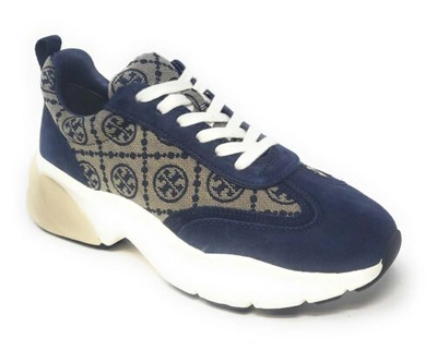 Pre-owned Tory Burch Women's T Monogram Good Luck Trainer Fashion Sneakers In Jacquard And In Navy T Monogram