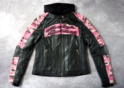 Pre-owned Harley-davidson Harley Davidson Women's Pink Camo Black Leather 3in1 Jacket Hoodie S 97058-11vw