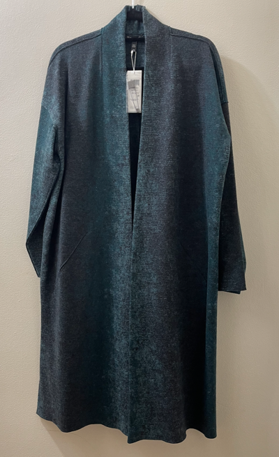 Pre-owned Eileen Fisher $498  Pine Oxidized Wool Jacquard Kimono Coat L/xl In Green/black