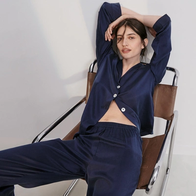 Lunya Washable Silk Long Sleeve Pant Set In Deep Blue
