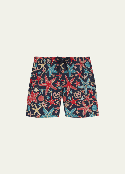 Vilebrequin Kids' Boy's Jirise Starfish-print Swim Shorts In Blue