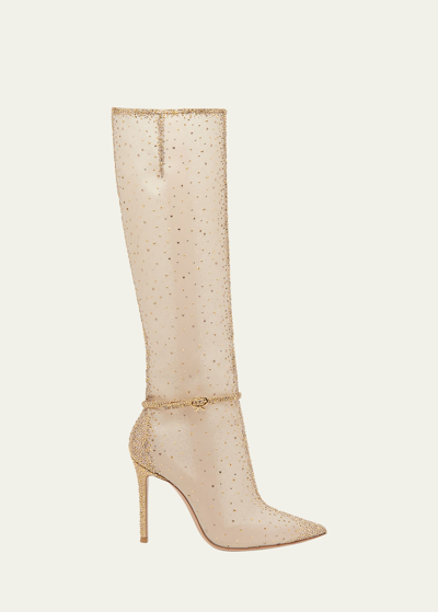 Gianvito Rossi Crystal Buckle Stiletto Knee Boots In Mekong Nude