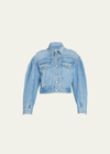 Ulla Johnson Gathered-shoulders Cropped Denim Jacket In Adriatic Wash