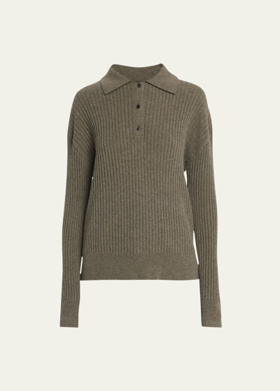 Nili Lotan Ramona Ribbed Polo Wool Jumper In Army Green