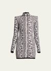 Balmain Long Sleeved Bodycon Dress With Jacquard Animalier Motif In Blk White