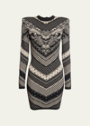 Balmain Paisley And Monogram Intarsia Body-con Mini Dress In Ivory Blk