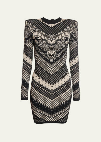 BALMAIN PAISLEY AND MONOGRAM INTARSIA BODY-CON MINI DRESS