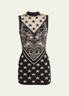 Balmain Star-patterned Knit Dress With Elegant Heart Design And Sleeveless Silhouette In Ivory Blk