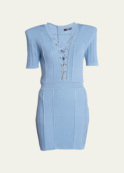 Balmain Lace-up Ribbed Body-con Mini Dress In Blue