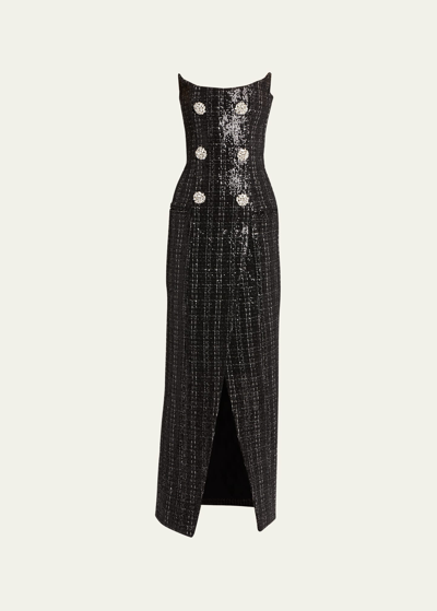 Balmain Sequined Strapless Dress With Jewel Double-breast Buttons In Black