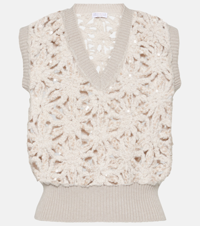 Brunello Cucinelli Sequined Wool-blend Sweater Vest In Neutrals