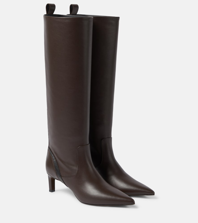 Brunello Cucinelli Bead-embellished Leather Knee Boots In Fango
