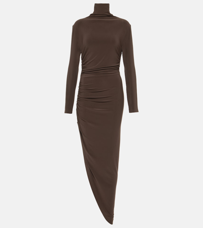Norma Kamali Long-sleeve Turtleneck Side Drape Gown In Chocolate
