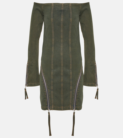 Blumarine Off-shoulder Denim Minidress In Green