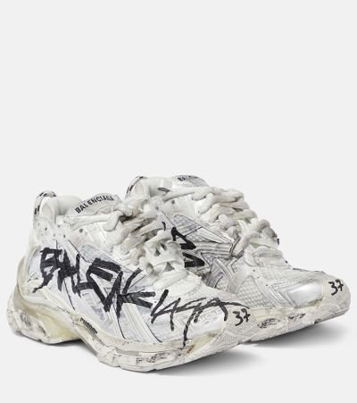 Balenciaga Runner Graffiti Leather Sneakers In White Black