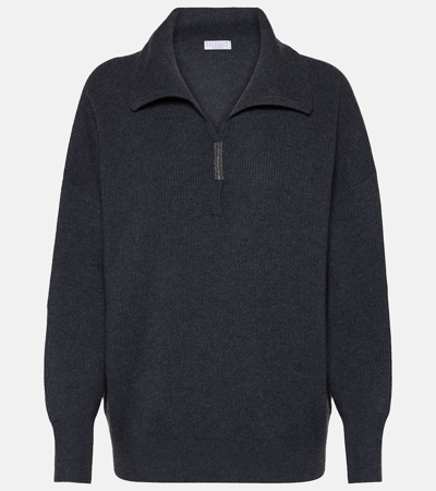 Brunello Cucinelli Ribbed-knit Cashmere Polo Jumper In Black