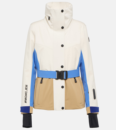 Moncler Hainet Belted Colorblock Snow Jacket In Beige Blue