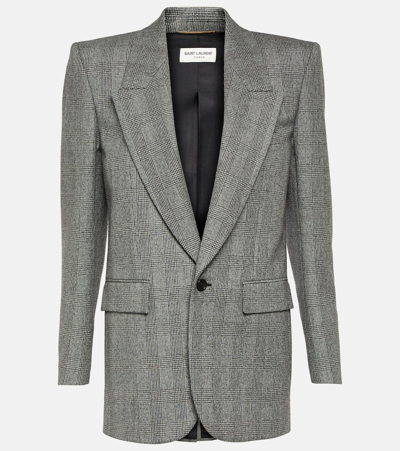 Saint Laurent Checked Single-breasted Wool Blazer In Grey